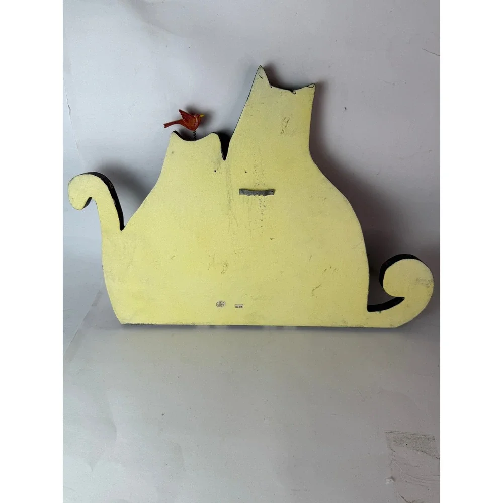 Whimsical Hand Painted Wooden Cat Trio Wall Hanging with Bobble Bird 18in